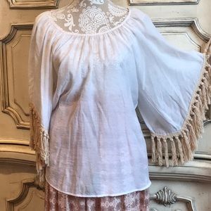 VA VA SHEER PEASANT BLOUSE FRINGED SLEEVE GORGEOUS VINTAGE TOP LIKE NEW SZ: MED